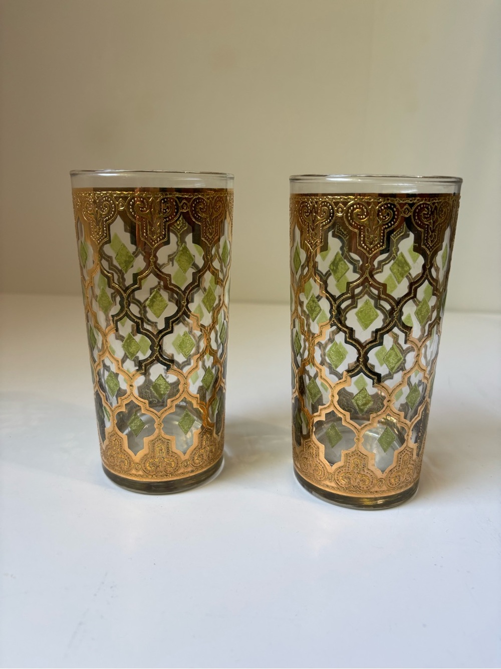 Vintage Culver Valencia 12oz Green and Gold Diamonds Flat Tumbler - Set of 2